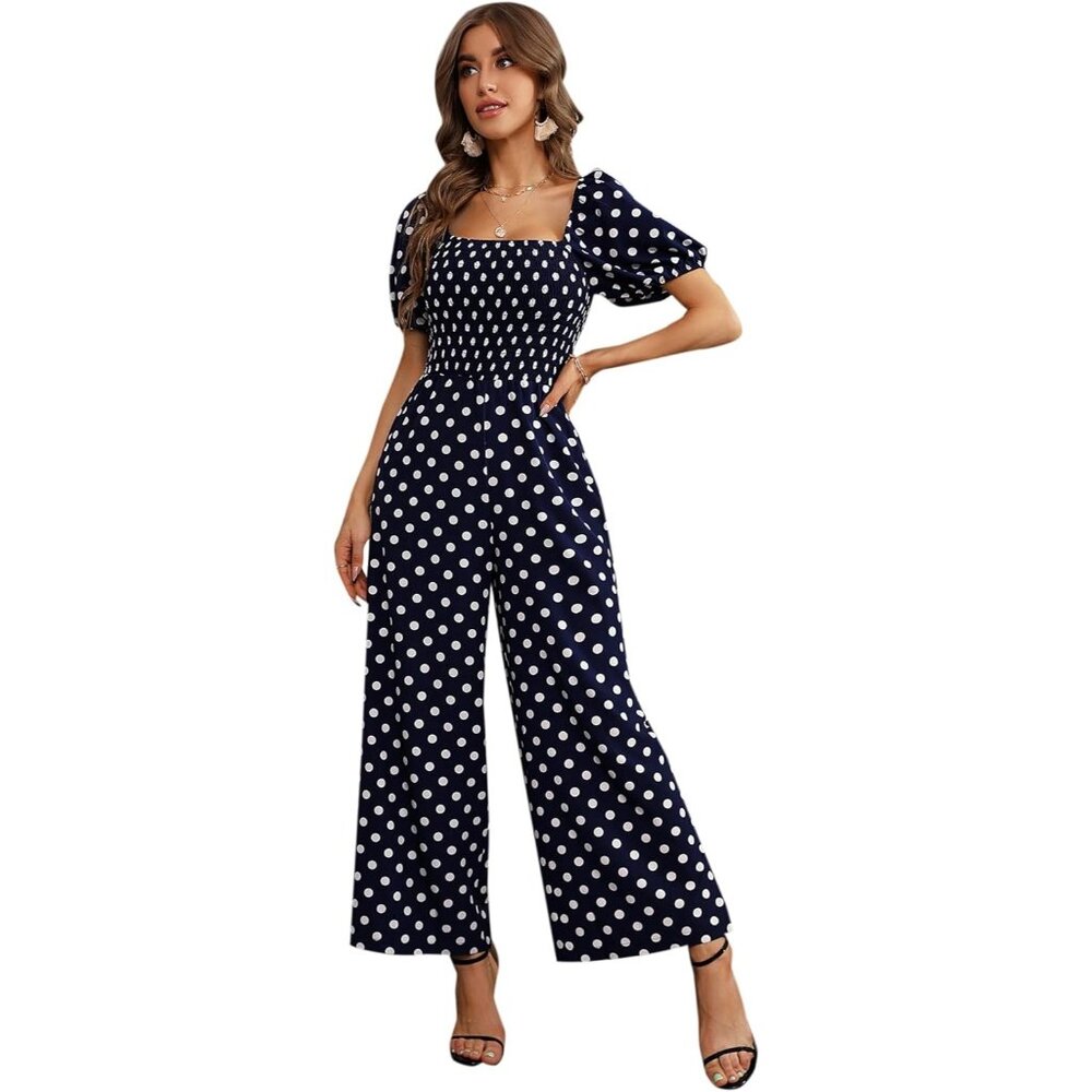 Fashion Floral Jumpsuits for Women Loose Romper Short Sleeve Navy Polka Dot